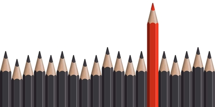 sorte blyanter med en enkelt rød blyant
