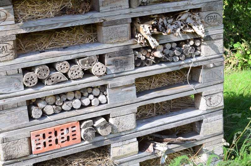 paller med græs og træstykker. Insekthotel